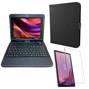 Kit Capa com Teclado Embutido Preta Universal 8" + Película de Vidro p/ Lenovo M9 | Proteção e Funcionalidade