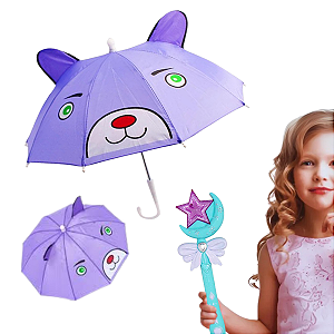 Guarda Chuva Sombrinha Infantil com Orelhinhas e Apito + Varinha Mágica Encantada Luz e Som Kit