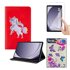 Kit Capa Giratória Tablet A9 8.7 Vermelha c/ Desenho Unicórnio + Película de Vidro Temperado + Adesivo Borboleta | Prote