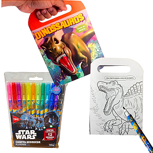 Livro Educativo Infantil Dinossauros para Colorir e Aprender + Kit 12 Cores Canetinhas Hidrocor Tris Star Wars | Diversã