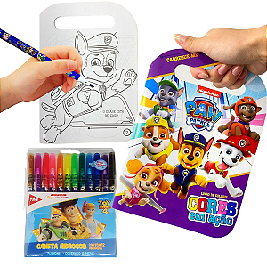 Kit Livro de Atividades Colorir Infantil Patrulha Canina Didático + Kit Canetinhas Hidrocor Toy Story 12 Cores Tris Lavá