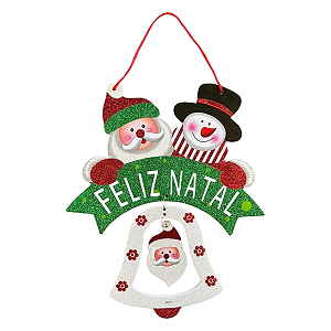 Enfeite de Porta Natalino Papai Noel e Boneco de Neve com Glitter