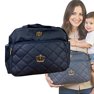 Bolsa Maternidade Azul Marinho c/Coroa Elegância e Praticidade p/Mamãe