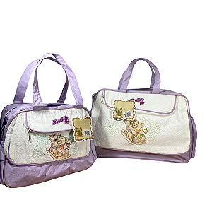 Kit Bolsa Maternidade Roxa Ursinhos Bolsa Grande + Frasqueira