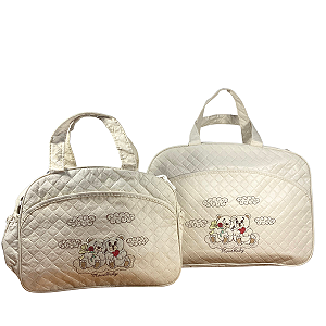Kit Bolsa Maternidade Bege Ursinhos Bolsa Grande + Frasqueira