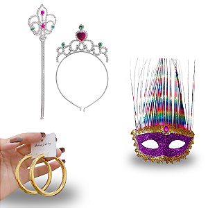 Kit Carnaval Feminino - Coroa, Máscara, Varinha e Acessórios