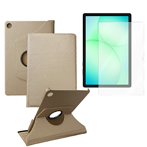 Capa Giratória Premium Dourada +Película p/ Tablet Samsung A11+ Plus