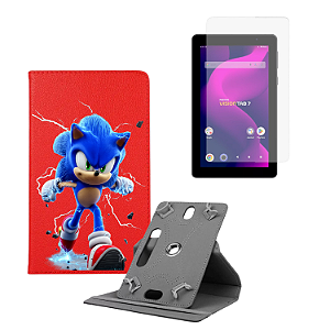 Kit Capa Giratória Personalizada Sonic + Película p/ Tablet Positivo Vision Tab 7