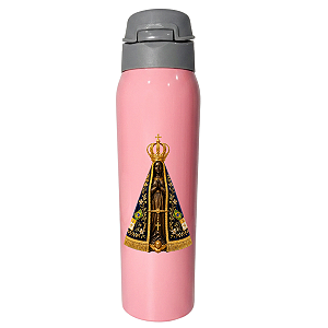 Garrafa Térmica Personalizada Nossa Senhora  Rosa com Tampa Alça Canudo Antivazamento