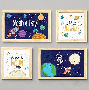 Kit com 4 Quadros Infantis Astronauta Foguete