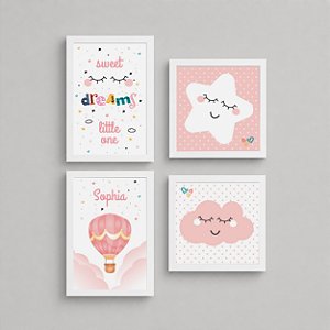 Kit com 4 Quadros Infantis Sweet Dreams Menina