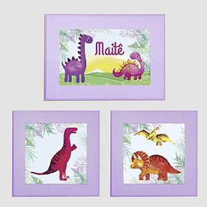 Kit com 3 Quadros Infantis Personalizados tema Dinossauros para meninas