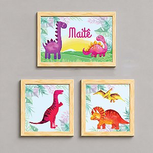 Kit com 3 Quadros Infantis Personalizados tema Dinossauros para meninas