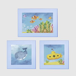 Kit com 3 Quadros Infantis Personalizados tema Fundo do Mar