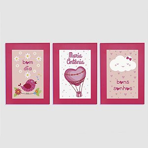 Kit com 3 Quadros Infantis Personalizados Balão Bom Dia e Bons Sonhos