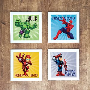 Kit com 4 Quadros Infantis - tema Super Heróis