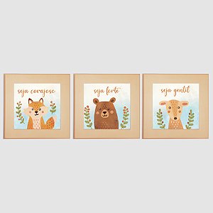 Kit com 3 Quadros Infantis Personalizados tema Animais - Seja Feliz