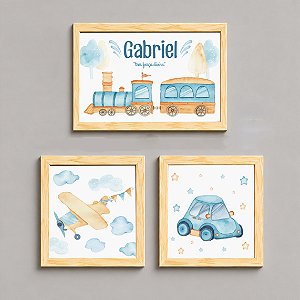 Kit com 3 Quadros Infantis para Menino - Brinquedos - Carrinho, Trem, Avião