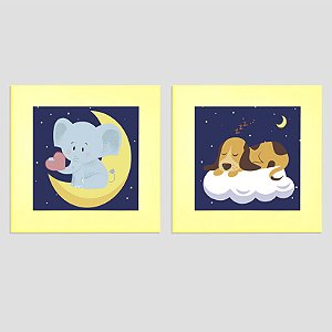 Kit com 2 Quadros Infantis - tema Boa Noite dos bichinhos - Elefante e Cachorro