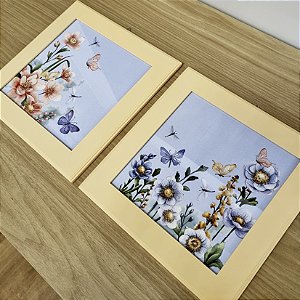 Kit com 2 Quadros Decorativos Floral com Borboletas Aquarelado