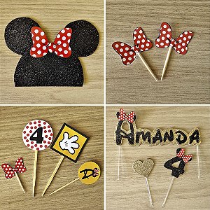 Kit para festa tema Minnie (topo de bolo e de docinhos e enfeite de mesa)