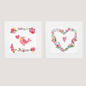 Kit com 2 Quadros Decorativos Infantis Coração e Passarinho