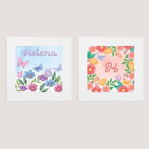 Kit com 2 Quadros Decorativos Infantis Flores e Borboleta Aquarelado