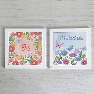 Kit com 2 Quadros Decorativos Infantis Flores e Borboleta Aquarelado