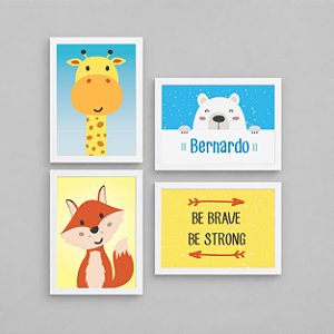 Kit com 4 Quadros Infantis Girafa, Raposa e Urso Be Strong