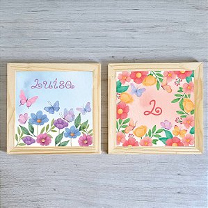 Kit com 2 Quadros Decorativos Infantis Flores e Borboleta Aquarelado