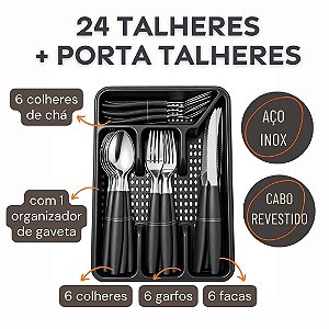 Conjunto de 24 Talheres Aço Inox Cabo Preto Com Porta Talheres Organizador de Gaveta - Belakaza