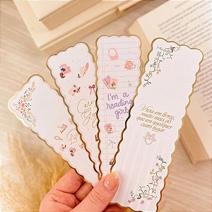 Kit Marca Páginas Tradicional com Efeito Dourado - 4 Unidades - Rosa e Branco