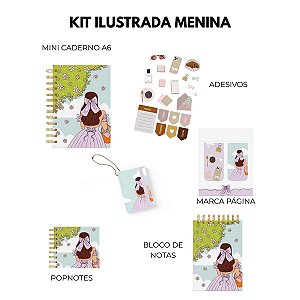 Kit Ilustração Menina - Mini Caderno A6 , Marca Página, Adesivos, Popnotes, Chaveiro Post it e Bloco de Notas