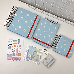 Kit Azul Florzinha - Planner, Marca Página, Adesivos, Popnotes, Chaveiro Post it e Bloco de Notas