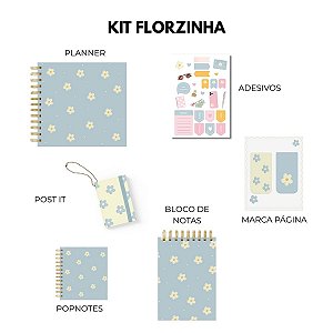 Kit Azul Florzinha - Planner, Marca Página, Adesivos, Popnotes, Chaveiro Post it e Bloco de Notas
