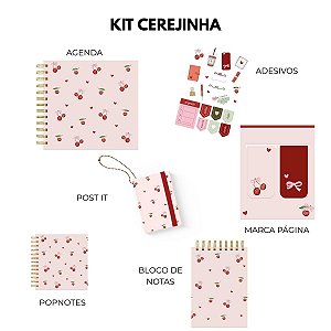 Kit Cerejinha - Agenda, Marca Página, Adesivos, Popnotes, Chaveiro Post it e Bloco de Notas