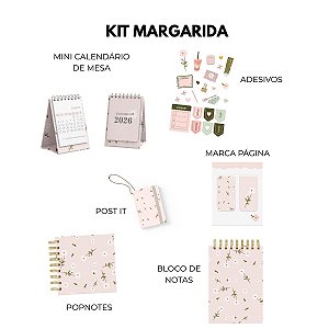 Kit Margaridas - Mini Calendário 2026/2027 , Marca Página, Adesivos, Popnotes, Chaveiro Post it e Bloco A6