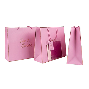 Sacola de Presente Rosa “Com Carinho” com Kit (Cartão + Envelope + Papel Seda) – 37x28x13 cm