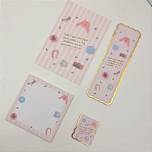 Kit Papelaria Doce Tarde - Marca-Páginas, Adesivos e Bloco de Notas