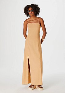 VESTIDO LONGO HERING LINHO C/ FENDA BEGE P