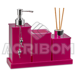 Kit Saboneteira Lavabo Banheiro em Acrílico Rosa Pink 4 Itens