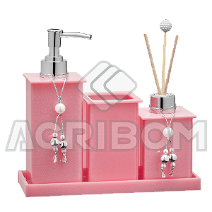 Kit Saboneteira Lavabo Banheiro em Acrílico Perolado Rosa 4 Itens