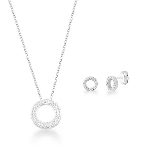 Conjunto Colar e Brinco Circulo Cravejado de Prata