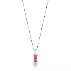Colar de Prata Ponto de Luz Retângulo - Quartzo Rosa - 40 cm