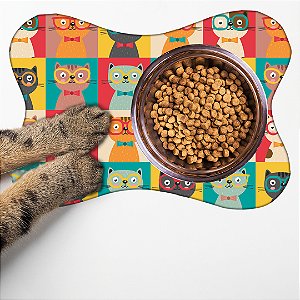 Tapete Ossinho para Potinhos dos Pets Comedouro Estampa Gatos Colorful 33 cm x 46 cm