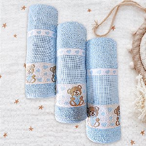 Kit c/ 3 Toalhas de Banho Infantil Ursinho Azul