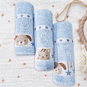 Kit c/ 3 Toalhas de Banho Infantil Pets Azul