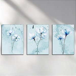 Kit com 3 Placas Decorativas Vinílico Sem Moldura Estampa Flores Azuis