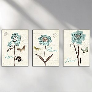 Kit com 3 Placas Decorativas Vinílico Sem Moldura Estampa Love, Peace And Heart