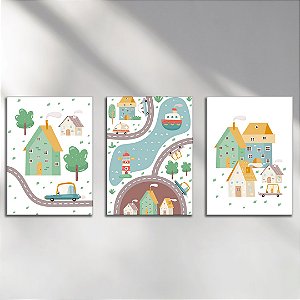 Kit com 3 Placas Decorativas Vinílico Sem Moldura Estampa Cidade